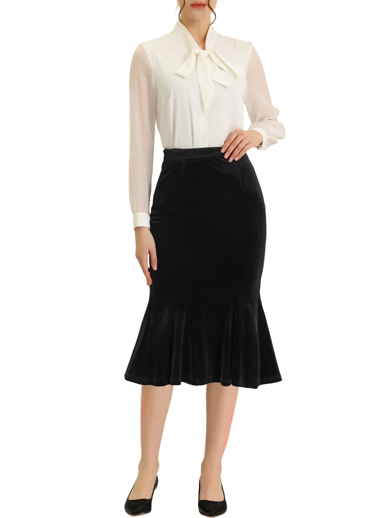 Unique Bargains Women's Feminine Chic Retro Bodycon Elastic Back Velvet Midi Skirt L Black