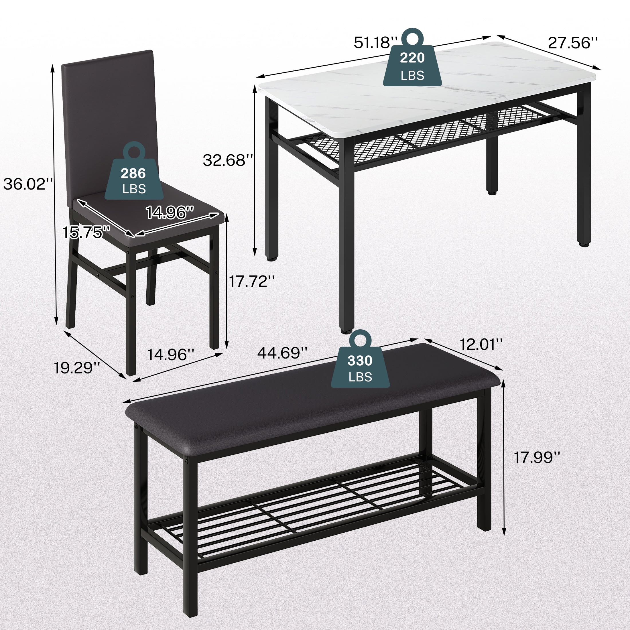 PORKISS 6 Piece Dining Set with Bench, Modern Dining Table Set for 6, Large Kitchen Table and Chairs for 6 Persons, Rectangle Dinette Sets with 4 Chairs and 1 Bench for Family, Black + White