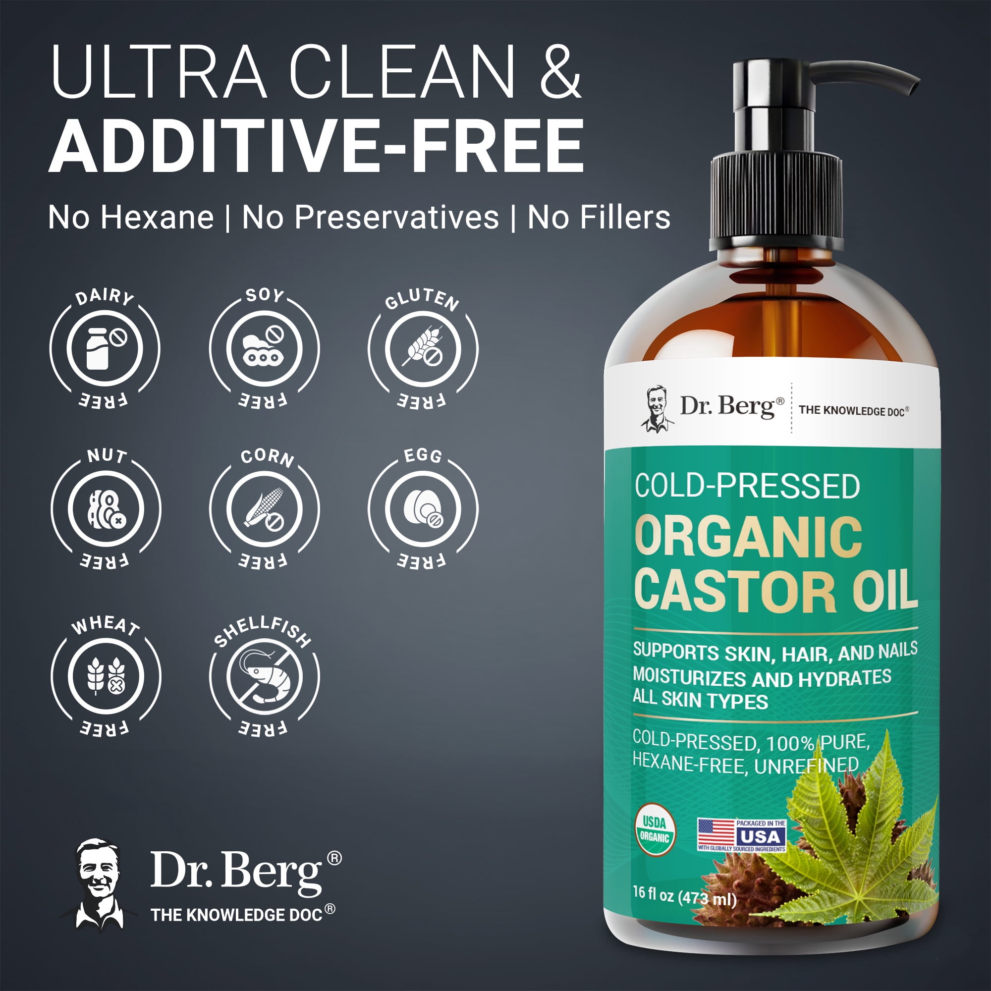 Dr. Berg Organic Castor Oil – Cold-Pressed & Unrefined, 100% Pure, Hexane-Free, USDA Organic – 16 fl oz