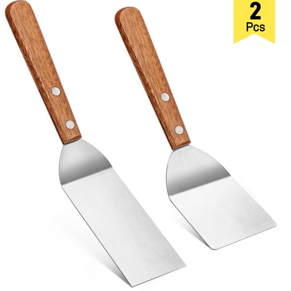 2 Pack Small Metal Spatula Set,Mini Wooden Spatulas for Kitchen Use,Tiny Griddle Solid Stainless Steel Spatula With Wood Handle for Cake Fish Cookie,Grill Chef Baking Scraper Spatula Turner,Sliver