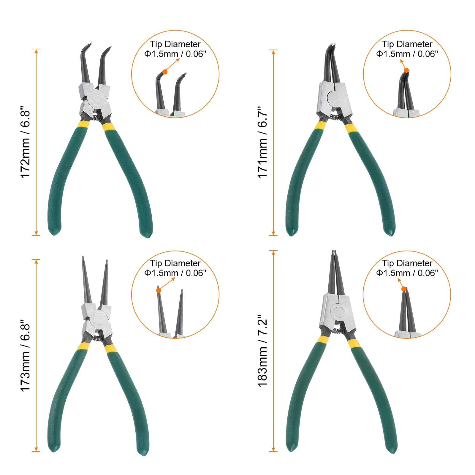 4pcs Snap Ring Plier Set 7" Internal & External Circlip Pliers with 0.08" Straight/Bent Jaw Tip with Case for Ring Remove Retaining Pliers, Green