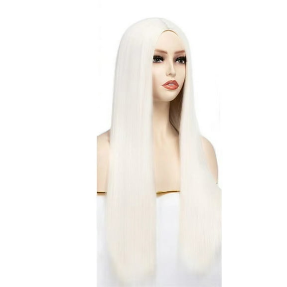 Wig with Bangs, Wigs for Women, White Split Length Straight Hair High-temperature Silk Synthetic Fiber Wig