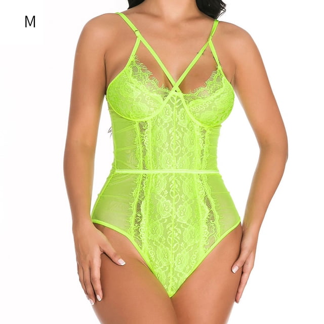 Conjunto de ropa interior sexy, mono de tela con pantalla de encaje, lencería sexy encantadora para mujeres adultas, verde fluorescente, M Guardurnaity XX000038-10