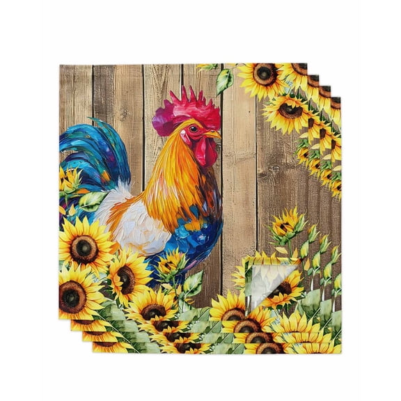 Farmhouse Rooster Cloth Napkins Set of 4 Reusable Dinner Napkins, Retro Botanical Sunflower Floral Wood Cocktail Napkin Washable Table Napkins for Wedding/Holiday Party/Baby Shower 20"x20"