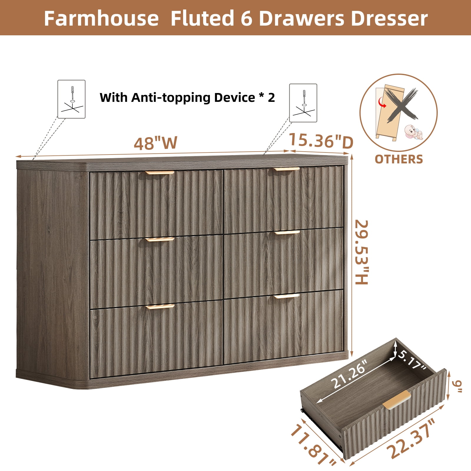 48" Wide 6 Drawer Dresser for Bedroom, Farmhouse Chest of Drawers with Metal Handles, Fluted Wood Storage Cabinet for Living Room, Grey