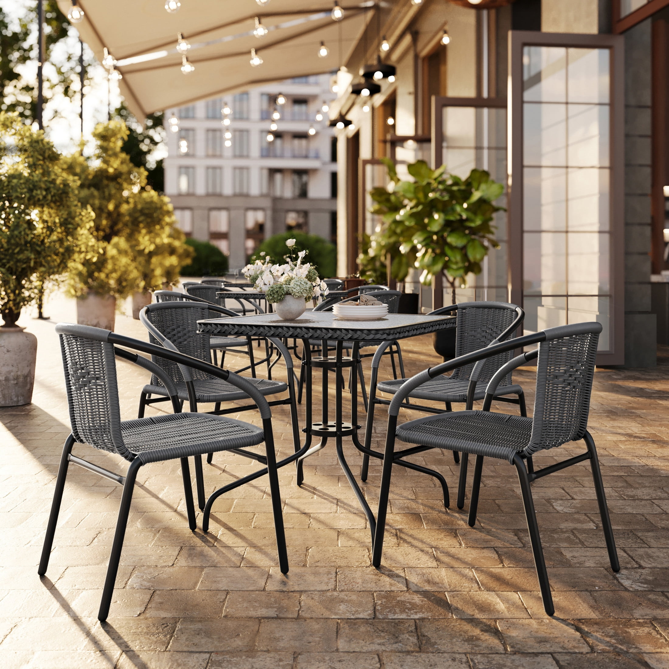 Flash Furniture Set of 4 Commercial Grade Gray Rattan Indoor-Outdoor Restaurant Stack Chairs