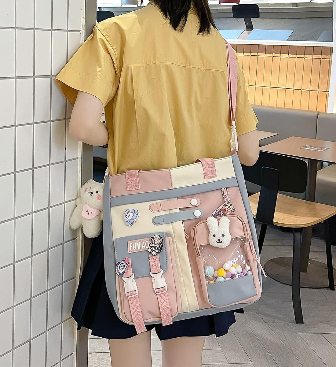 Messenger Bag with Kawaii Pins and Pendant for Women Cute Crossbody Bag Shoulder Tote Bag Casual Handbag
