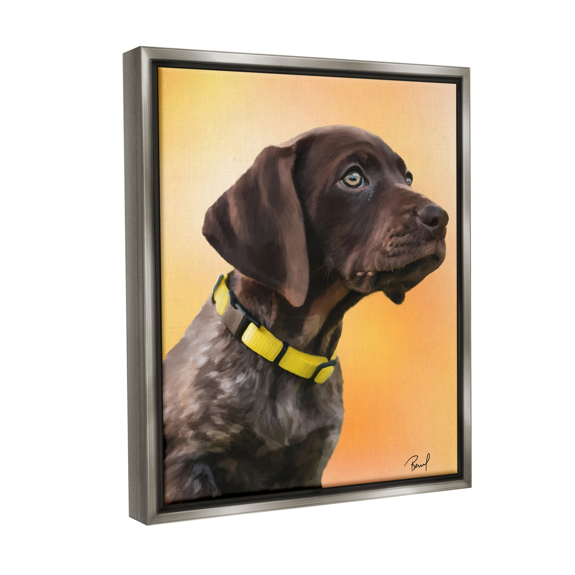 Stupell Industries Lab Puppy on Orange Animals & Insects Painting Gray Floater Framed Canvas Art Print Wall Art, 17 x 21