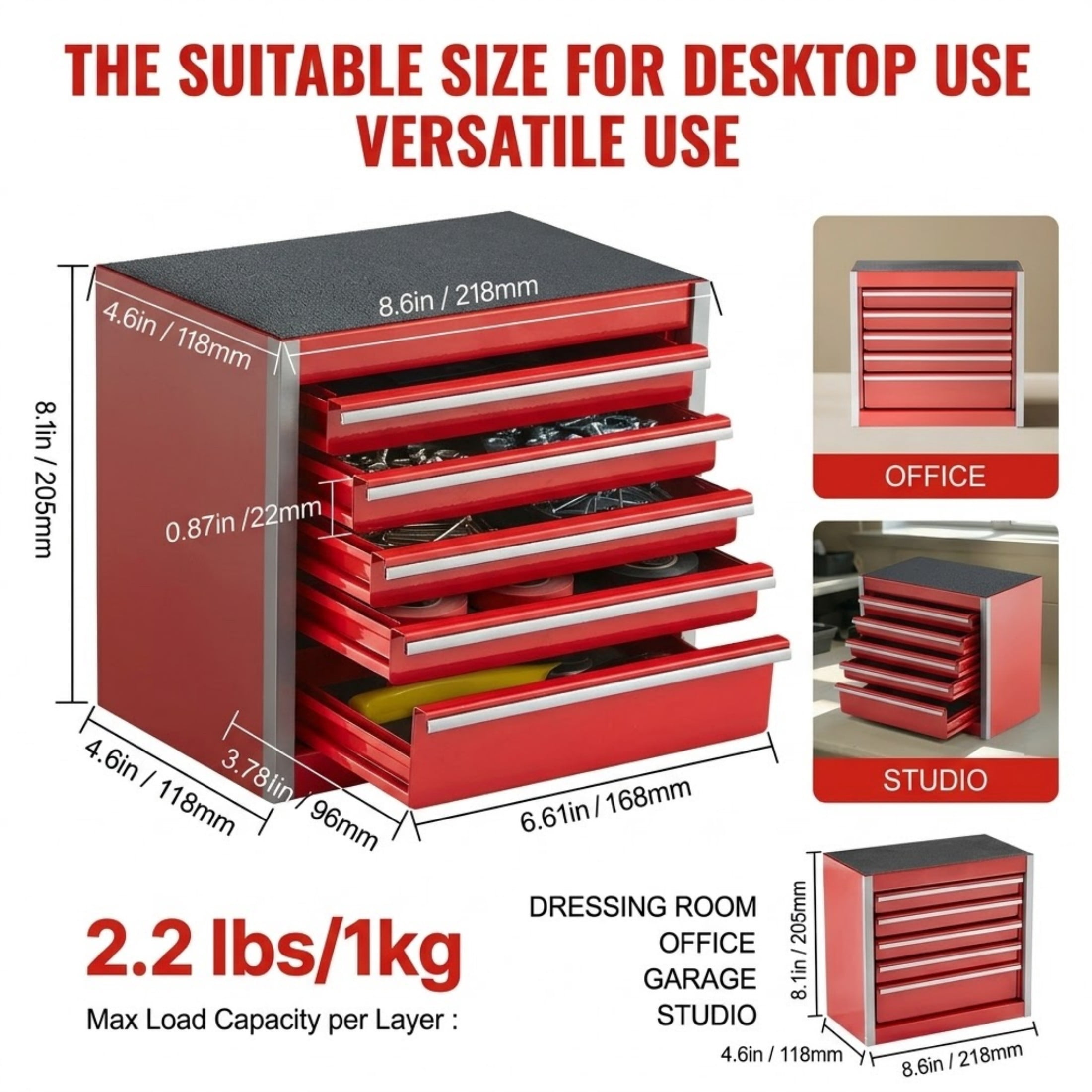 8.6" Mini Metal Tool Box with 5 Drawers, Heavy Duty Steel Portable Tool Chest, Red