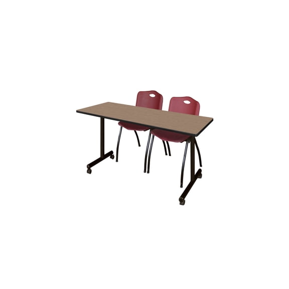 Regency Kobe 66 x 24 in. Mobile T-Base Training Table- Noble Oak, 2 M Stack Chairs- Burgundy