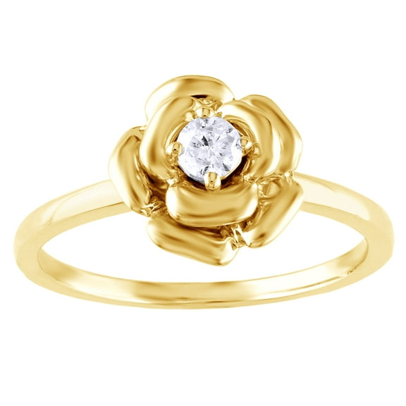 AFFY White Natural Diamond Solitaire Flower Promise Ring in 10k Yellow Gold