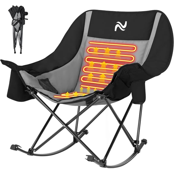 SLSY Heated Oversized Rocking Camping Chair for Adults, Fully Padded Folding Outdoor Lawn Chair with Side Pocket, Portable Recliner Chair for Camp, Backyard,Patio, Supports 400 lbs