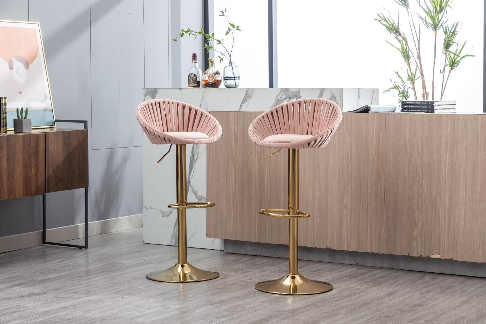 Velvet Bar Stools Set of 2 Height Ajustable Swivel Kitchen Bar