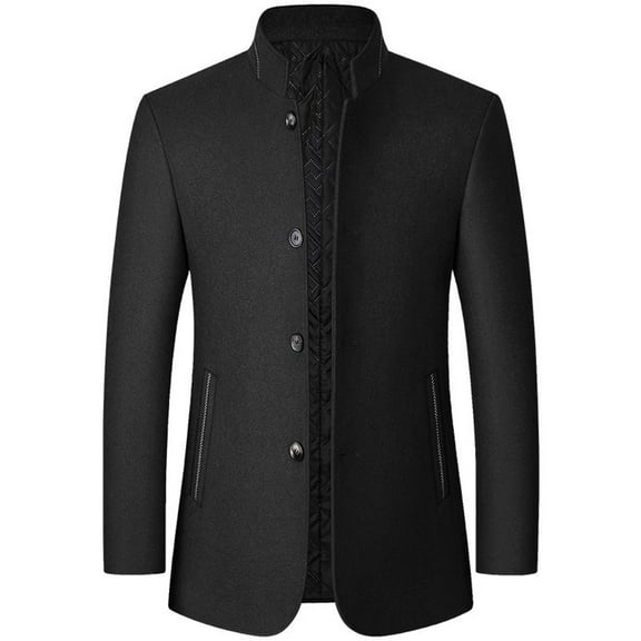 SWSMCLT Men's Slim Fit Wool Jacket Quilted Long Sleeve Casual Band Collar Pea Coat Fall Top Single Breasted Peacoat Winter Spring Pocket Fashion Business Black X-Small