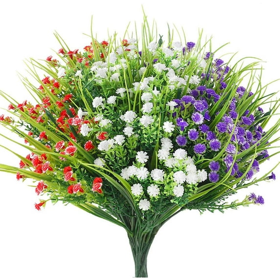 Sinhoon 9 Bundles Artificial Flowers Outdoor UV Resistant Fake Plastic Flowers Faux Plastic Shrubs for Indoor Outdoor Home Garden Decoration (Red Purple White)