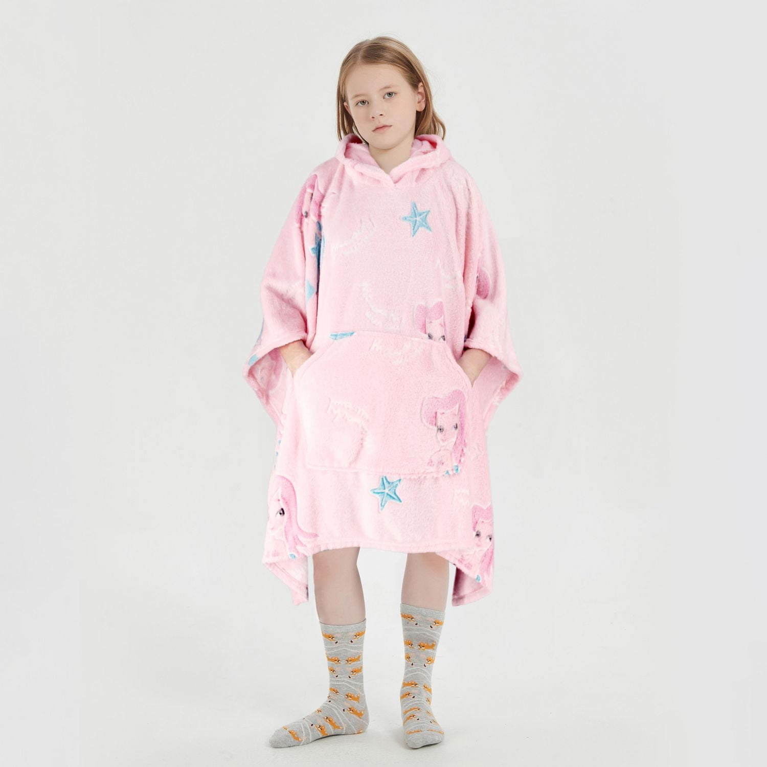 Sweat à capuche Marina Decoration phosphorescent pour enfants et filles, surdimensionné, en flanelle polaire douce et chaude, avec poche géante, 110 x 75 cm, rose sirène