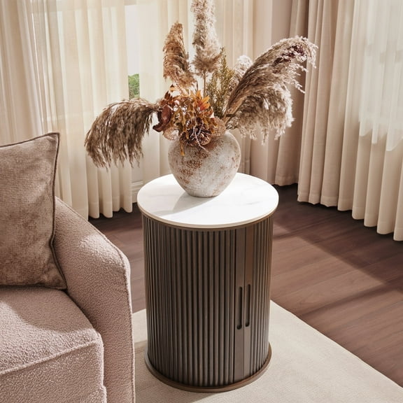 Faux Marble End Table with Sliding Door, 17.3" Modern Round Nightstand with Fluted Detailing & Adjustable Shelve, Compact Side Table for Bedroom Living Room