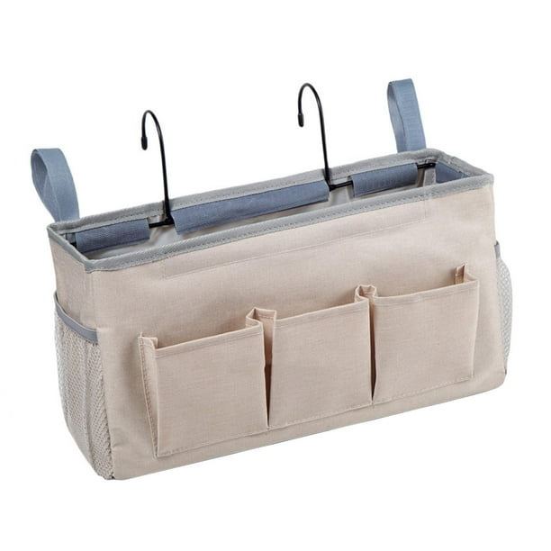 Bolsa de almacenamiento de tela Oxford para libros, gafas y tableta junto a la cama, con correas y ganchos fijos. Beige
