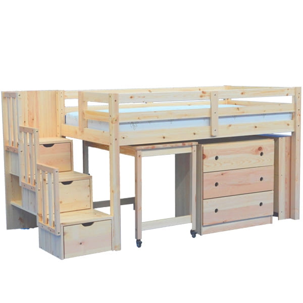 Lit Mezzanine Mi-Haut pour Junior avec Escalier, Bureau, Coffre et Bibliothèque