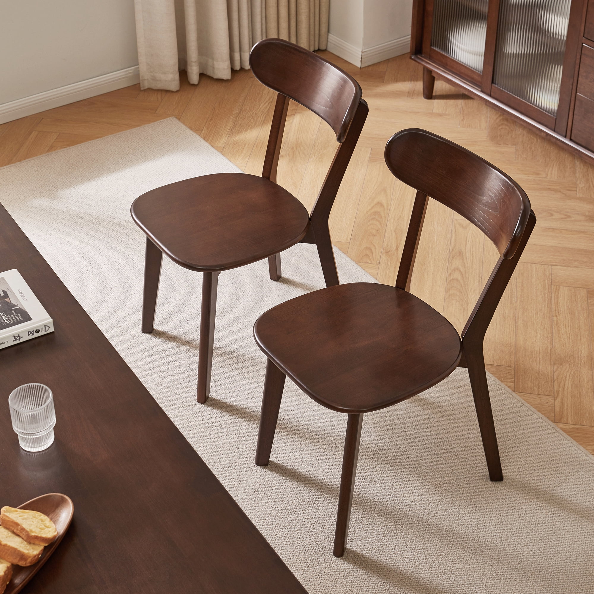 Dining Chairs Set of 2, Solid Rubberwood Kitchen Chairs with Curved Backrest, Wooden Accent Chairs for Vanity and Breakfast Nook, Dark Walnut