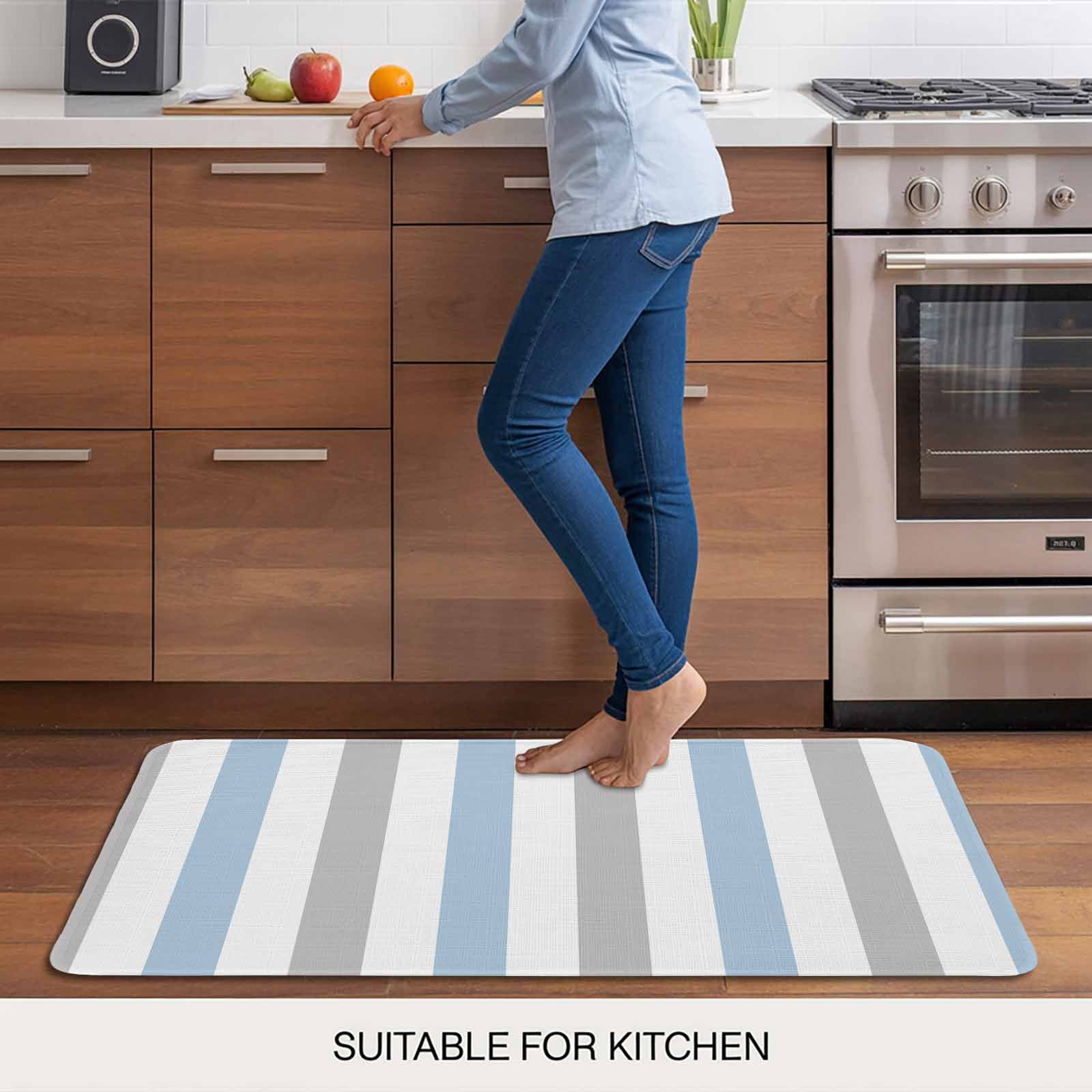 Light Blue Grey Stripe Doormat Outdoor Entrance 18"x30", Modern Farmhouse Vertical Striped Absorb Moisture Dirt Door Mats, Non-Slip Rubber Backing Floor Mats Indoor, Low-Profile Front Door Rugs