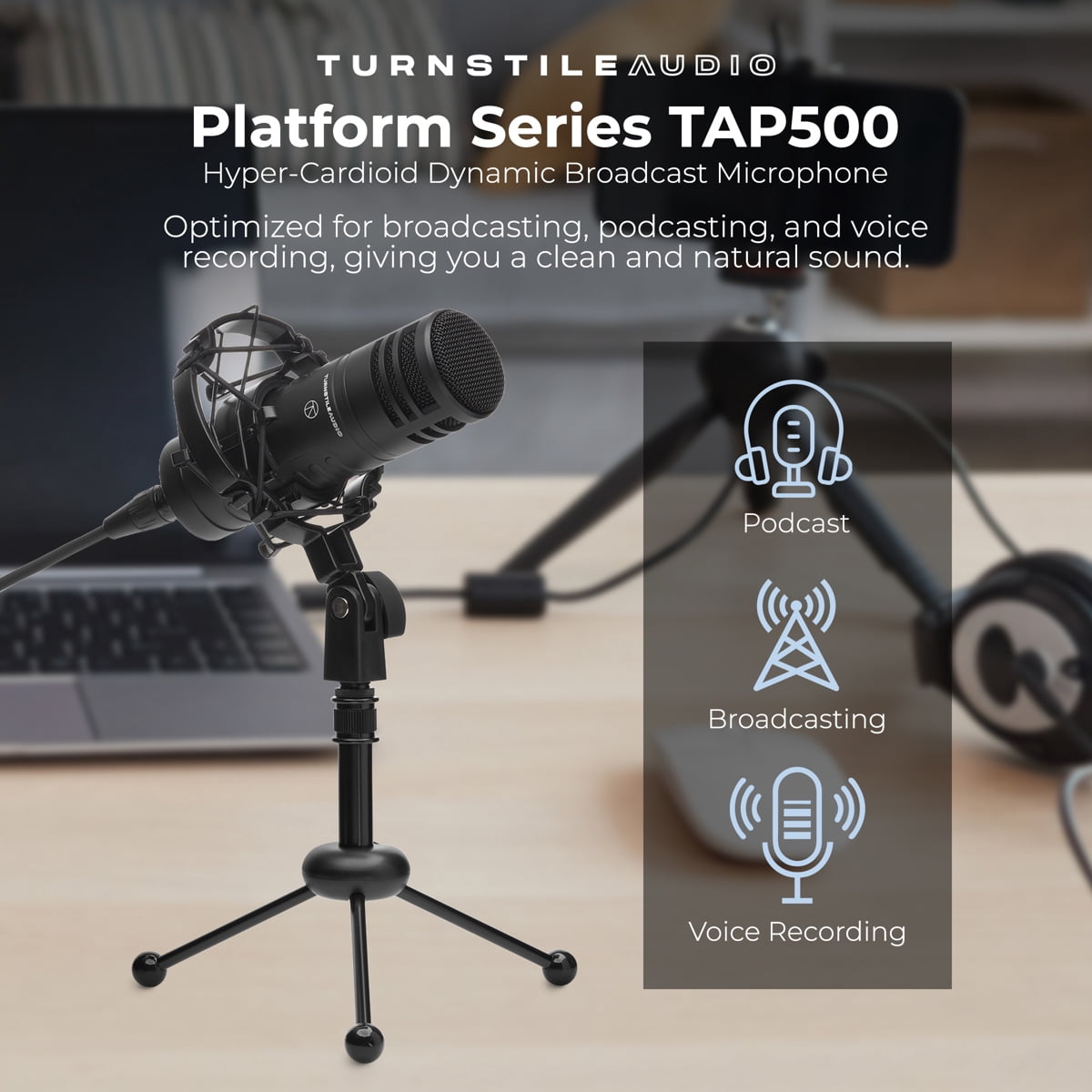 Turnstile Audio Platform Series TAP500 Hyper-Cardioid Dynamic Broadcast Microphone, Bundle with Broadcast Arm, TAPH500 Monitor Headphones, TAP100MP Mic Preamp, H&A 10' and 15' Value Series XLR M to F