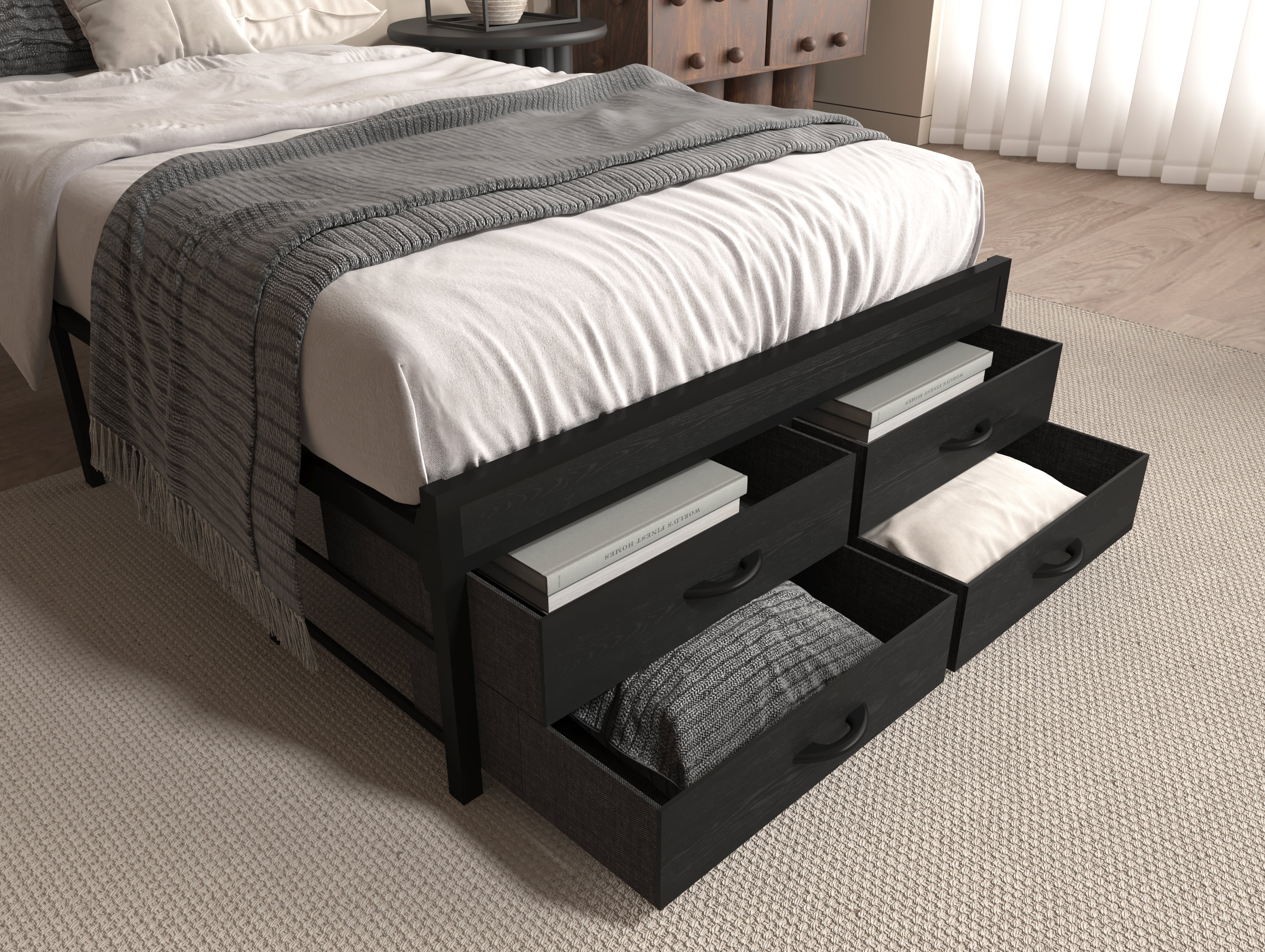 Yoneston Twin Size Kids RGB LED Platform Bed Frames with Storage Headboard, USB Charging Station and 4 Footboard Drawers for Teens Child, Black