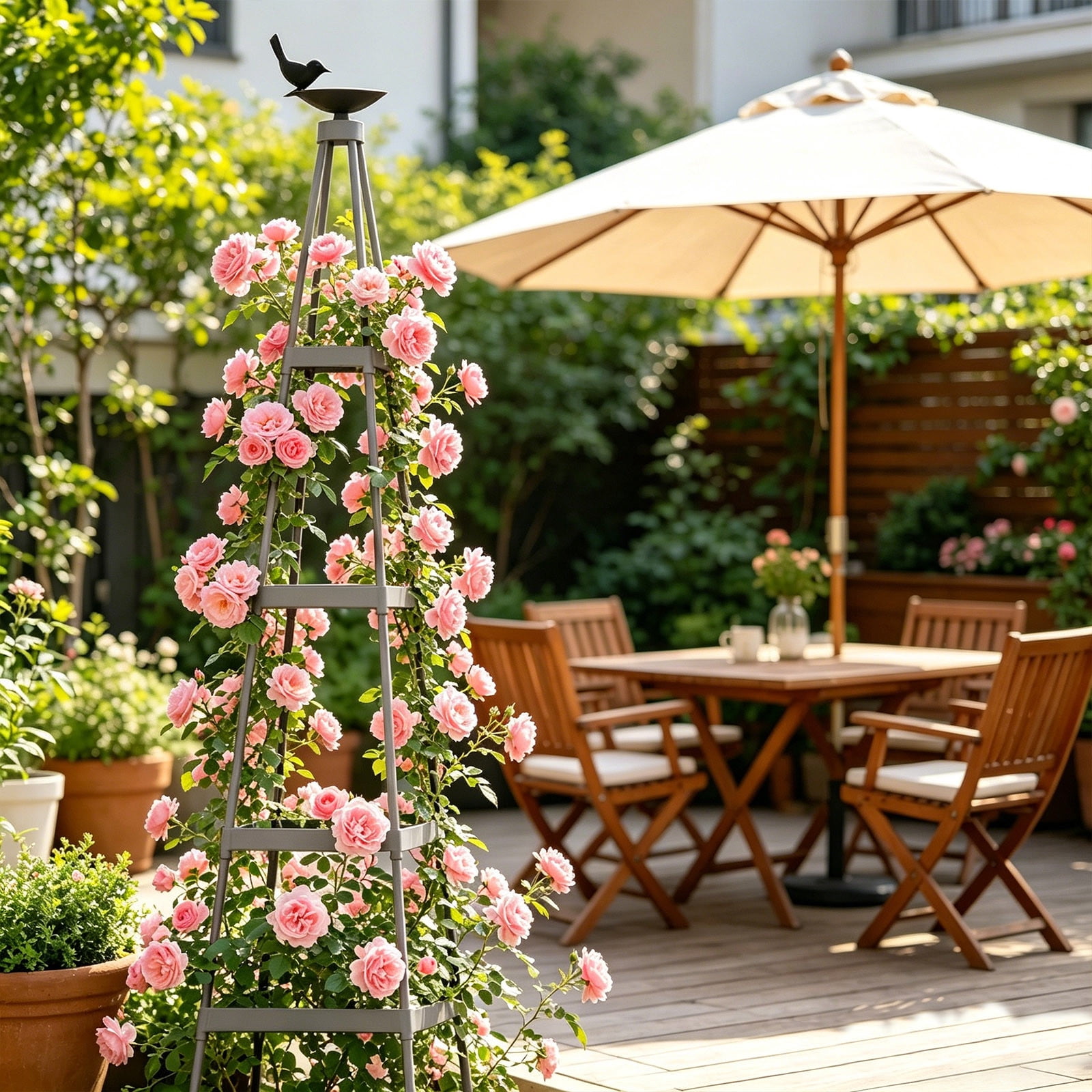 Garden Trellis Plant Support, Gray Metal Climbing Frame with Bird Feeder for Vines, Tomatoes & Flowers