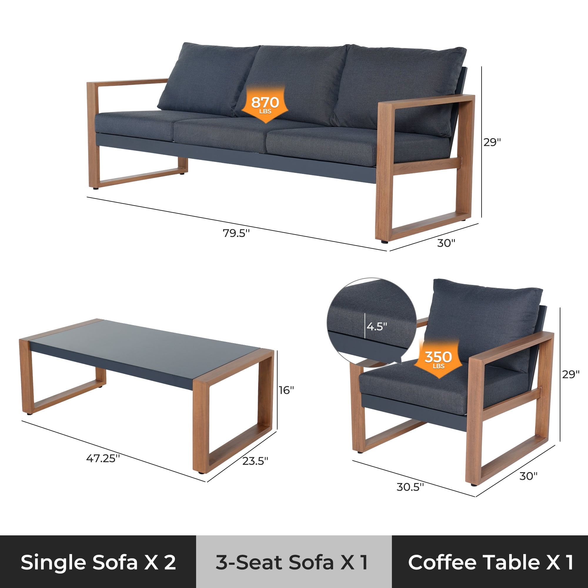 Grand Patio 4-Piece Outdoor Conversation Set, Modern Aluminum Patio Furniture Set 5-Person Conversation Set with Coffee Table, Gray & Natural