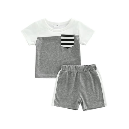 

CenturyX Newborn Baby Boys Summer Clothes Striped Short Sleeve T-shirt Tops Casual Sports Shorts Outfits Set White 6-9 Months