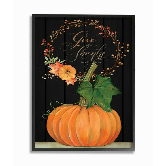 Stupell Industries Give Thanks Pumpkin Fall Autumn Seasonal Design Framed Wall Art by Stephanie Workman Marrott