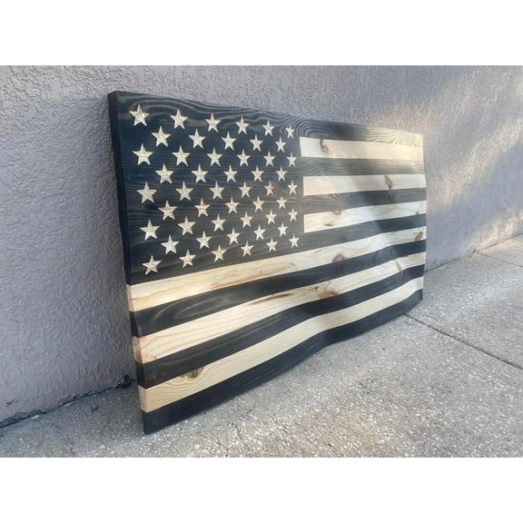 Waving Wooden Black and White American Flag Rustic Patriotic Wall Art Decor for Home and Office 36 x18 Inch