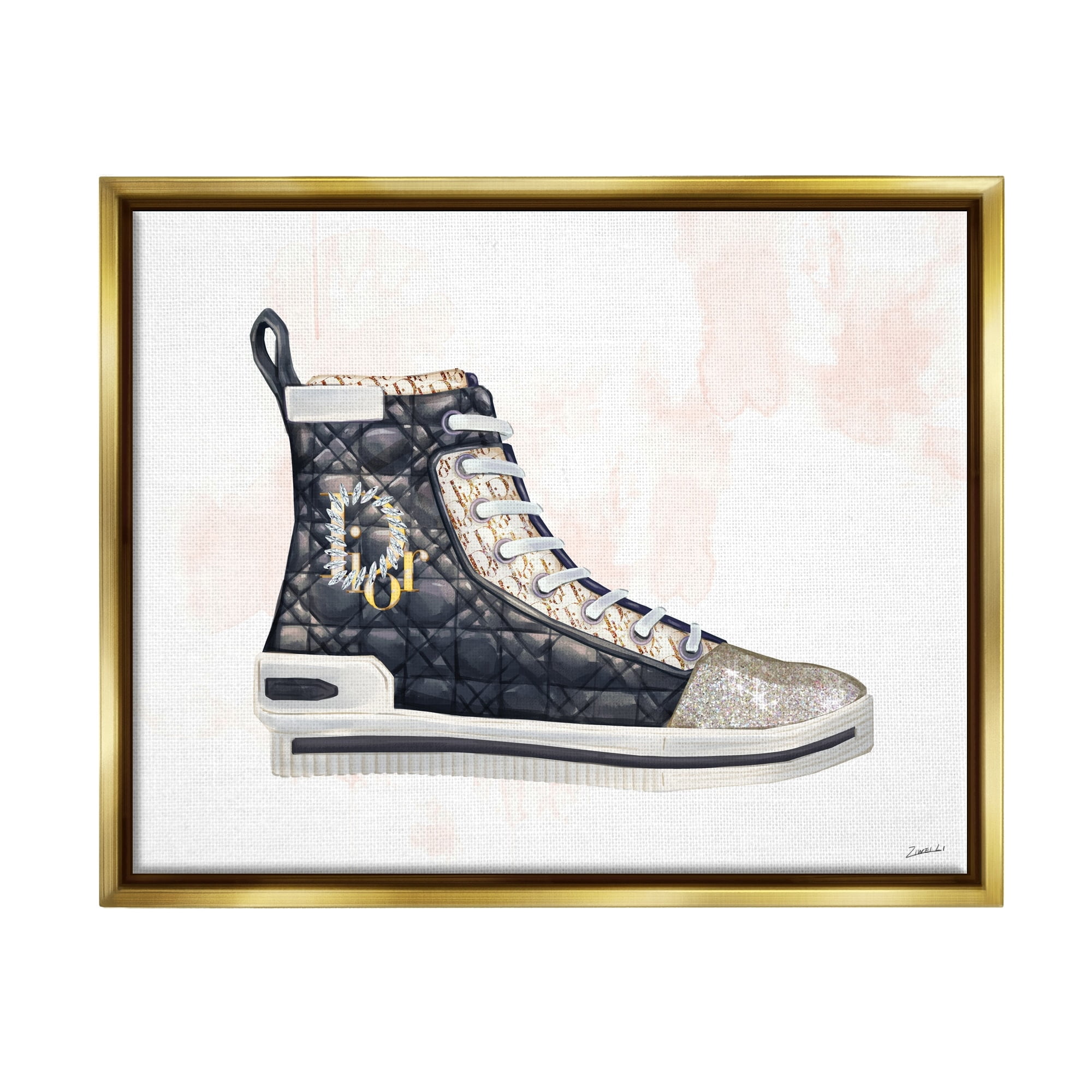 Stupell Industries High Top Fashion Forward Quilted Sneakers Glam Style Metallic Gold Framed Floating Canvas Wall Art, 24x30, by Ziwei Li