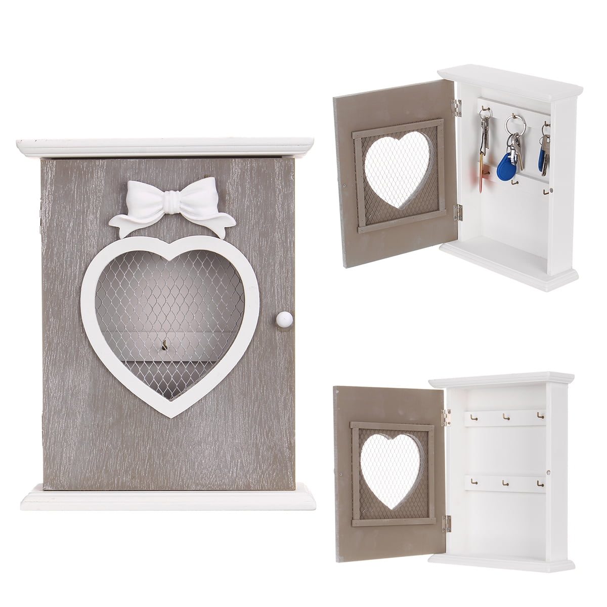 6 Hooks Key Box, Wall Mounted Vintage Heartshaped Wooden Key Box Key Storage Holder For