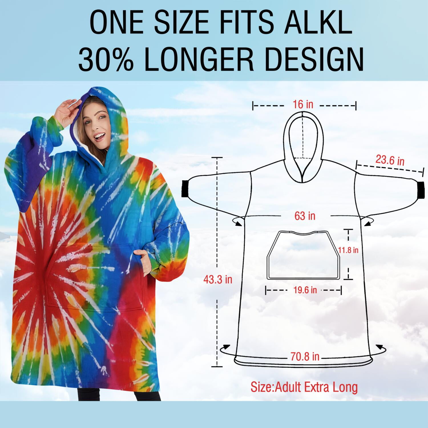 Oversized Wearable Blanket Hoodie,Colorful Tie Dye Pattern Sherpa Blanket Hoodie with Super Pockets,Super Warm Fuzzy Pullover for Women & Men