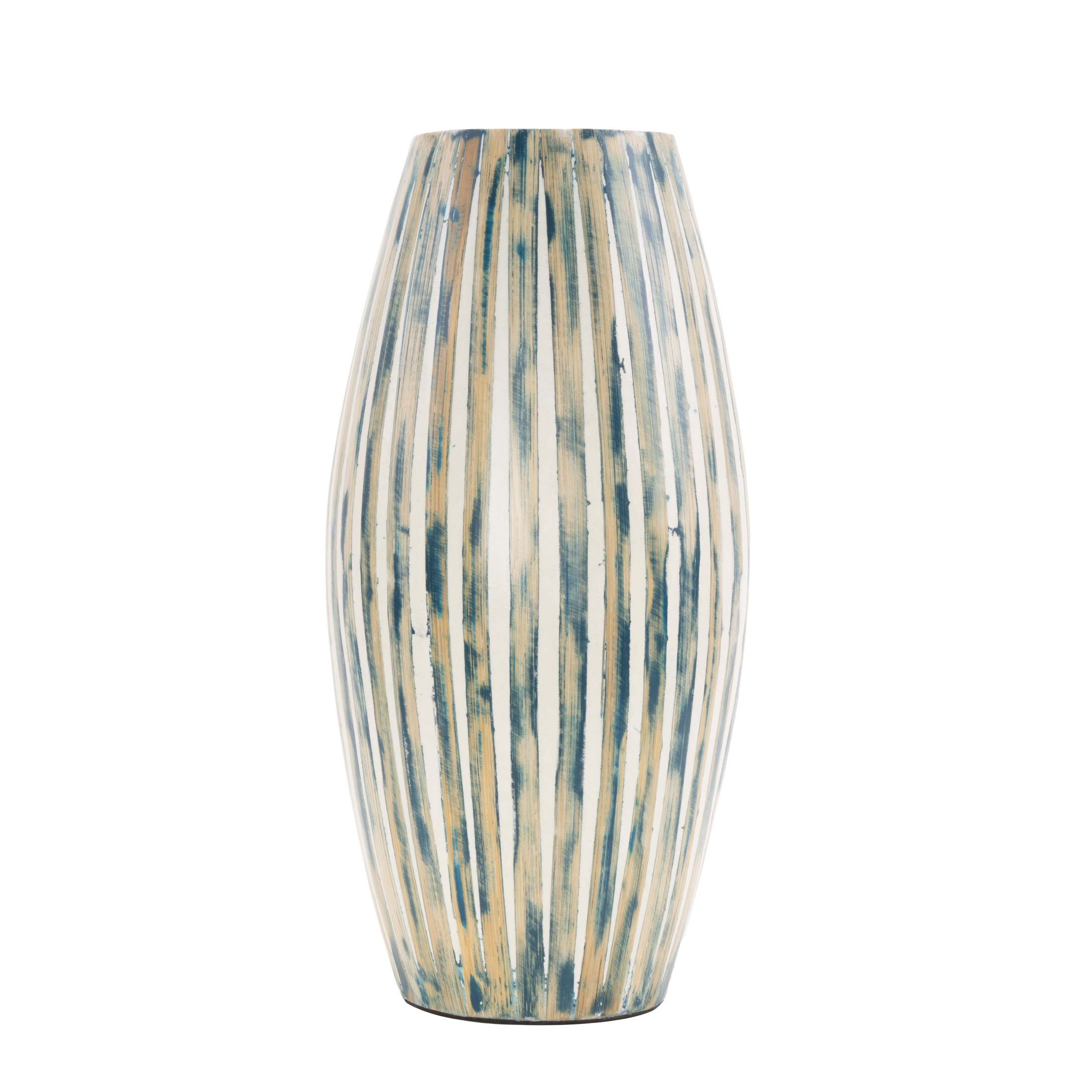 DecMode 17" Brushed Blue Bamboo Wood Vase with Cream Accents and White Stripes
