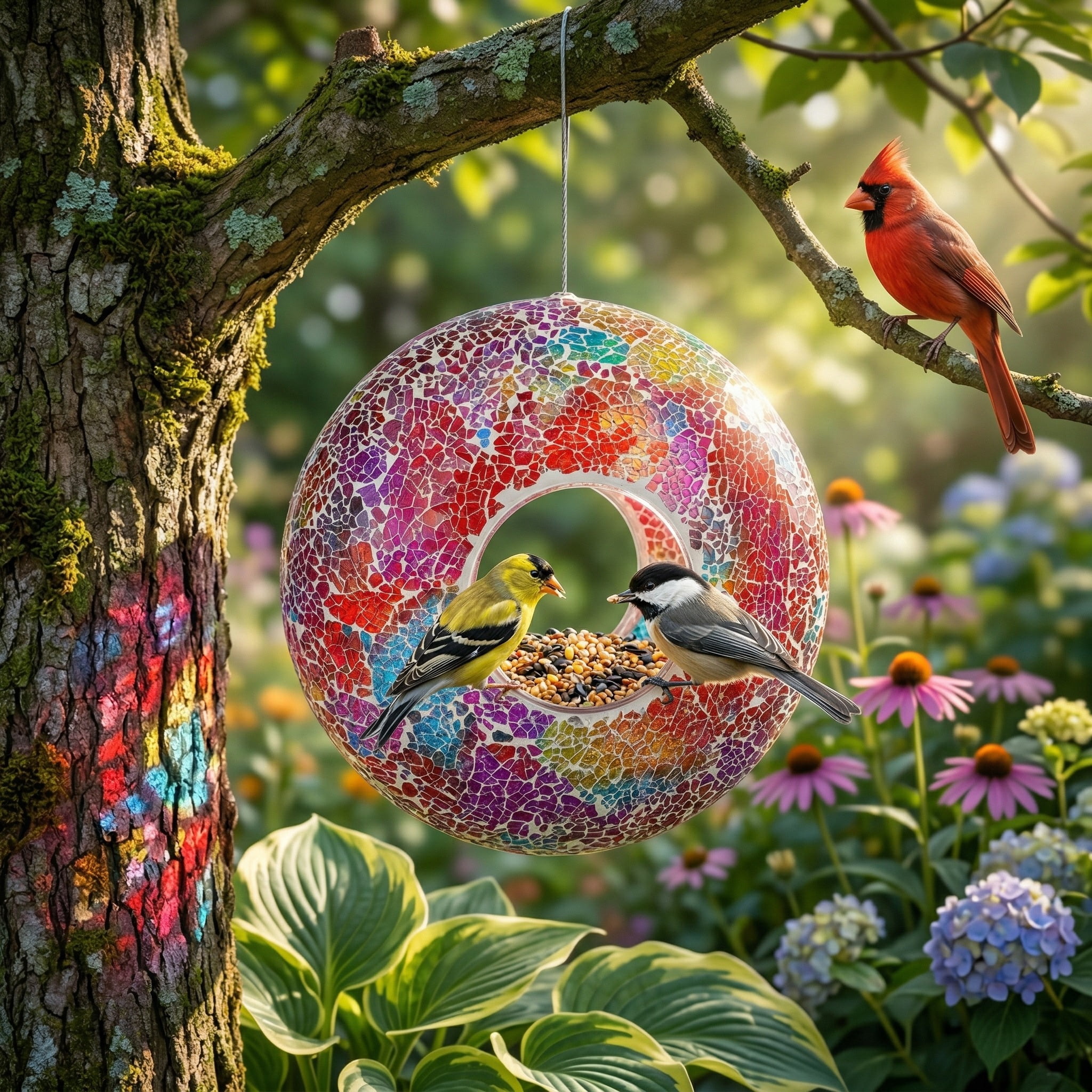 Topadorn Bird Feeders for Outdoors Hanging Bird Feeder, Wild Bird Seed for Outside Feeders and Garden Decoration Yard for Bird Watchers, Red Glass Mosaic, 9" H