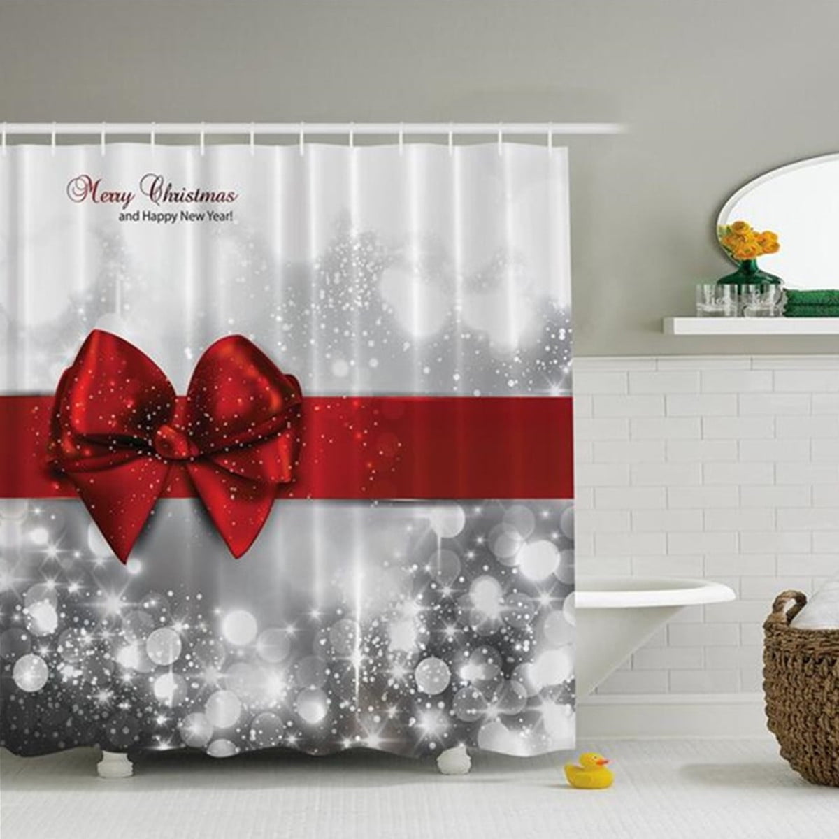 3 Type Christmas Silver Red Bow Knot Merry Christmas Bathroom OR Toilet Cover Mat 180x180cm Shower Curtain With Hooks Christmas Gift