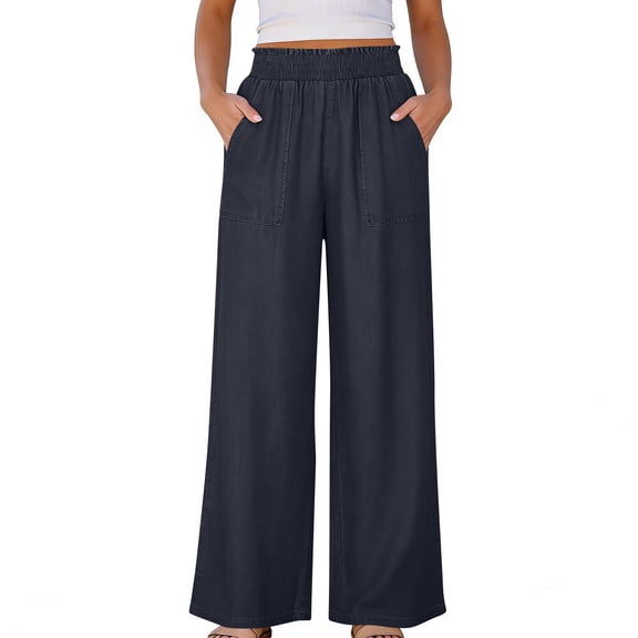 GUACER Womens Loose Fit Wide Leg Pants Elastic High Waist Pockets Lightweight Casual Denim Trousers
