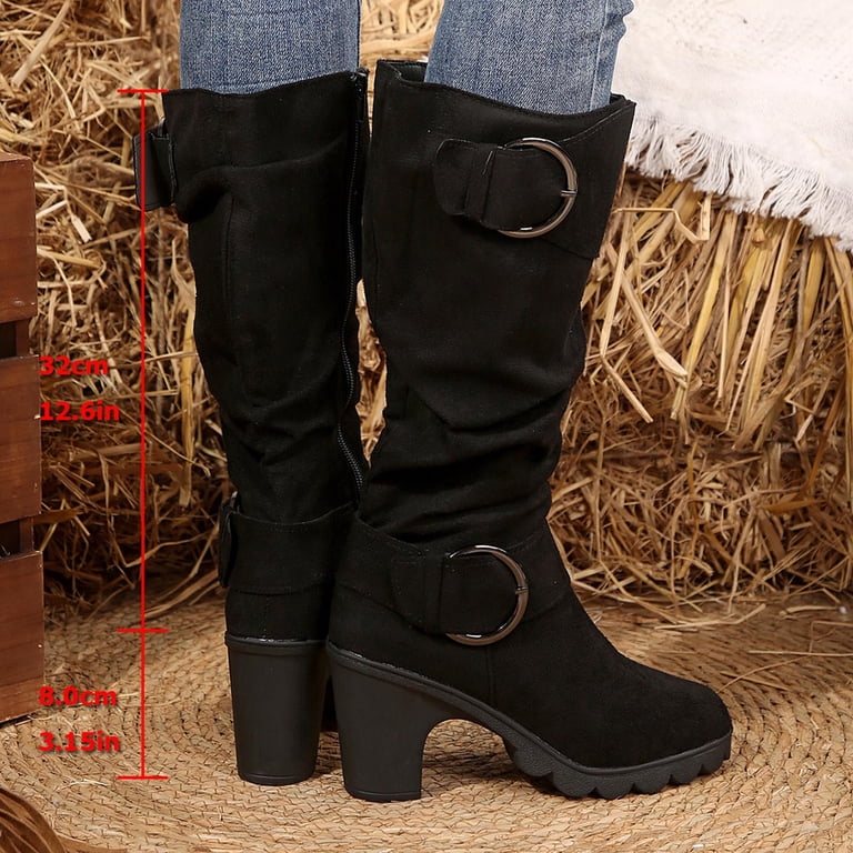 womens black mid calf dress boots Allurenana Women's Ankle Comfortable Chunky Heel Boot Mid-Calf Fashion Pointed Toe Low Heel Leather Booties for Women 2.5 Inch US5 Upper Material Women's Slouchy Mid Calf Boots