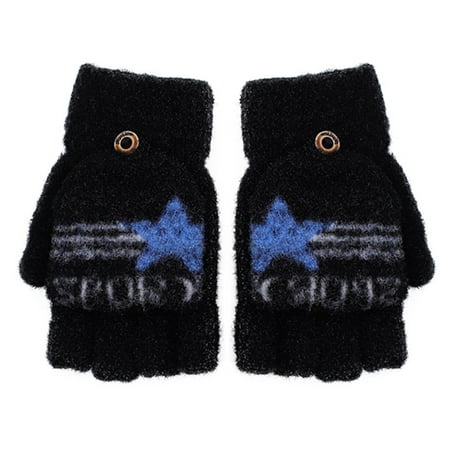

HBFAGFB Kids Fingerless Gloves Casual Warm Knitted Convertible Flip Top Unisex Mittens Black