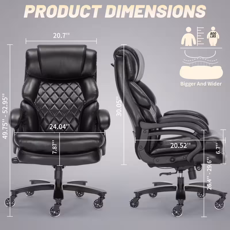 thumbnail image 4 of Qusaphy 800LBS Big and Tall Executive Office Chair, PU Leather Ergonomic Desk Chair with Adjustable Backrest and Thick Padded Cushion, Heavy Duty Chair for Home or Office Black, 4 of 8