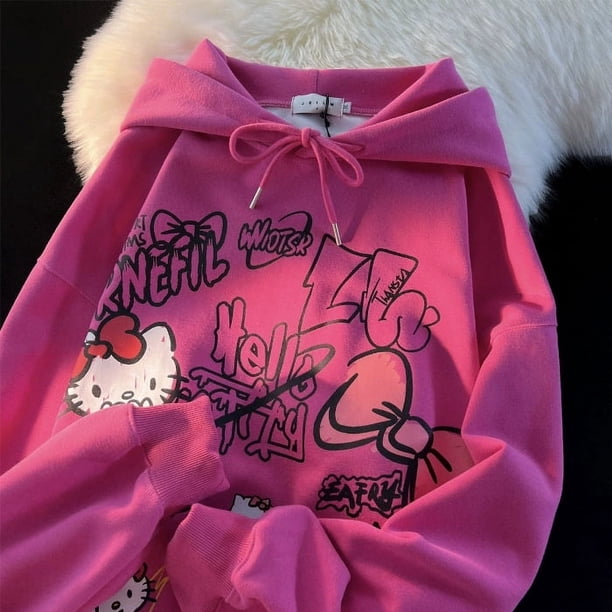 Cross-border Autumn and Winter New Hooded Hello Kitty Printed Round Neck Sweatshirt for Women Japanese Style Versatile Cartoon Loose Velvet Top