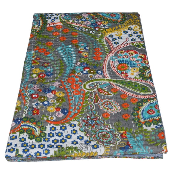 Indian Kantha Quilt Handmade 100% Cotton Kantha Throw Kantha Blanket Kantha Bedspread Bed Cover Paisley Print Grey Colour