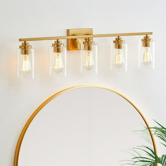 KAWOTI Modern 5-Light Vanity Light Fixtures over Mirror, Antique Brass Bathroom Light Fixtures with Clear Glass Shade