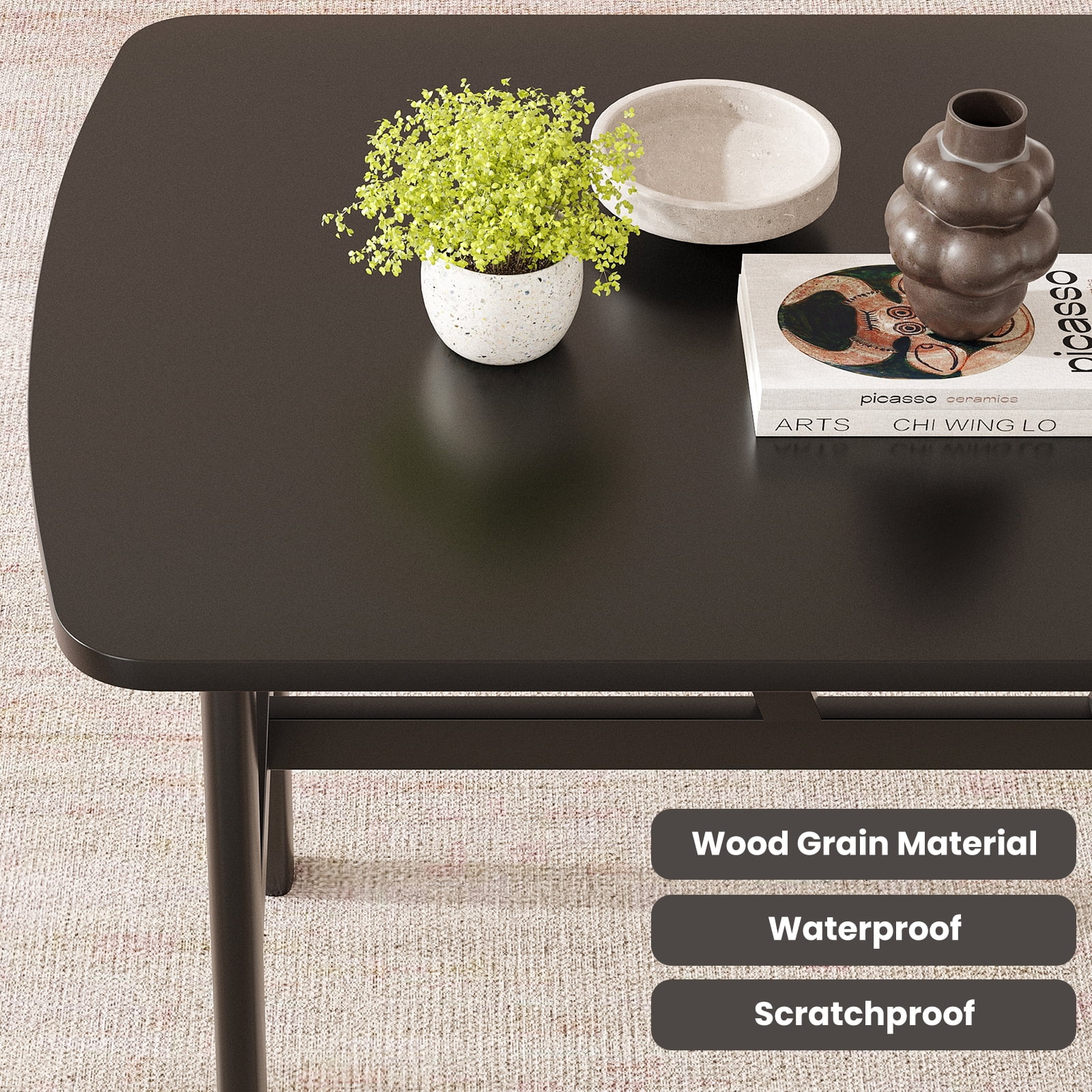 47.2 Inch Black Rectangular Dining Table for 4-6 People, Modern Wood Kitchen Dinner Table, Sturdy Trapezoidal Metal Frame, Safe Rounded Corner Design for Dining Room, Kitchen and Restaurant