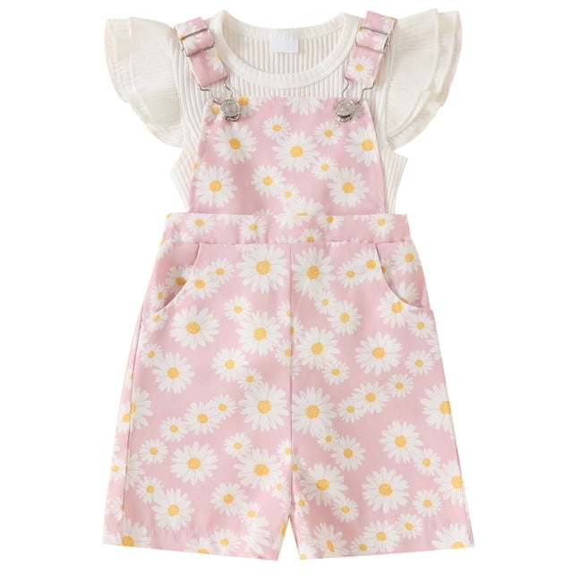 Sunnyoo Girls Outfits Flutter Sleeve T-Shirt & Flower Print Overall Shorts Set