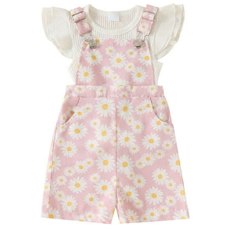 

WUXIAN Toddler Cute Baby White Flying Sleeve T-Shirts + Spaghetti Strap Flower Print Set For Baby Girls Clothes Children Cute Dailywear