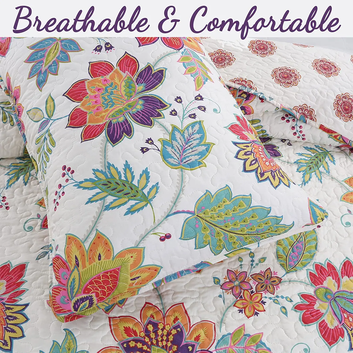 Cozy Line Breezy Vibrant Colorful Floral 3 Piece Reversible Microfiber Adult Quilt Bedding Set, King