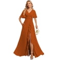 thumbnail image 1 of deamify Women's V Neck Plus Size Long A Line Bridesmaid Dresses 2025 with Slit Burnt Orange Flutter Sleeve Pleats Chiffon Formal Evening Maxi Dresses with Pockets 20W, 1 of 7